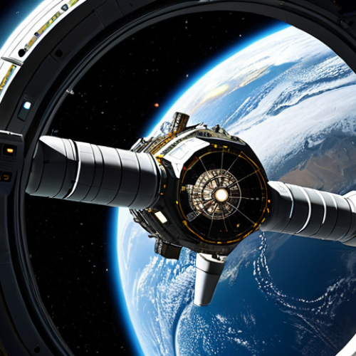 Home 18 우주 물류 및 보급 시스템 - **Prompt:** A futuristic orbital refueling station in Earth orbit, a spacecraft docked for refueling...