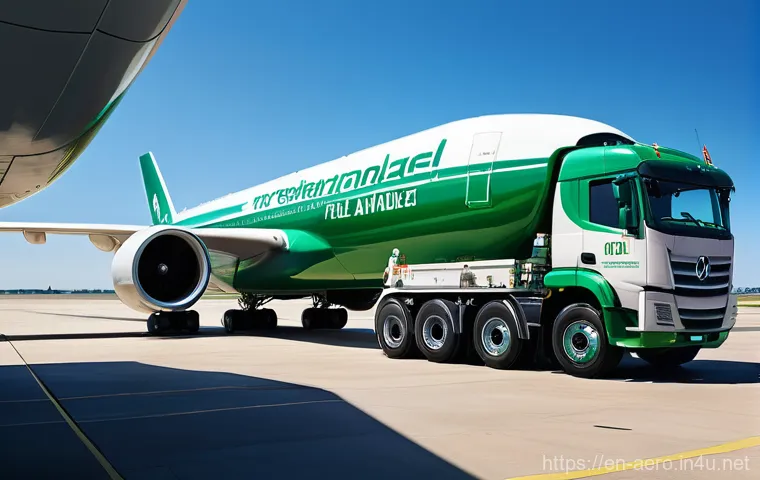 항공기 엔진 설계 - **Image Prompt: Sustainable Aviation Fuels (SAFs) Refueling**
    "A vibrant, high-resolution image ...