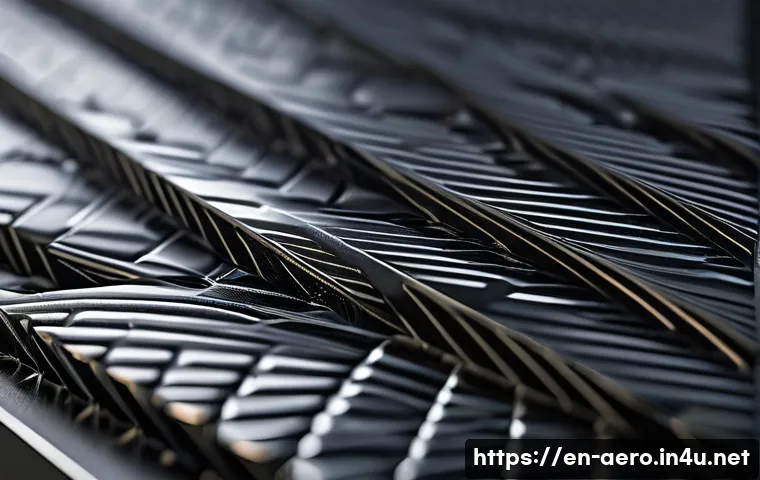 항공우주 재료공학 - A highly detailed close-up of an advanced aerospace carbon fiber composite panel, showcasing the int...