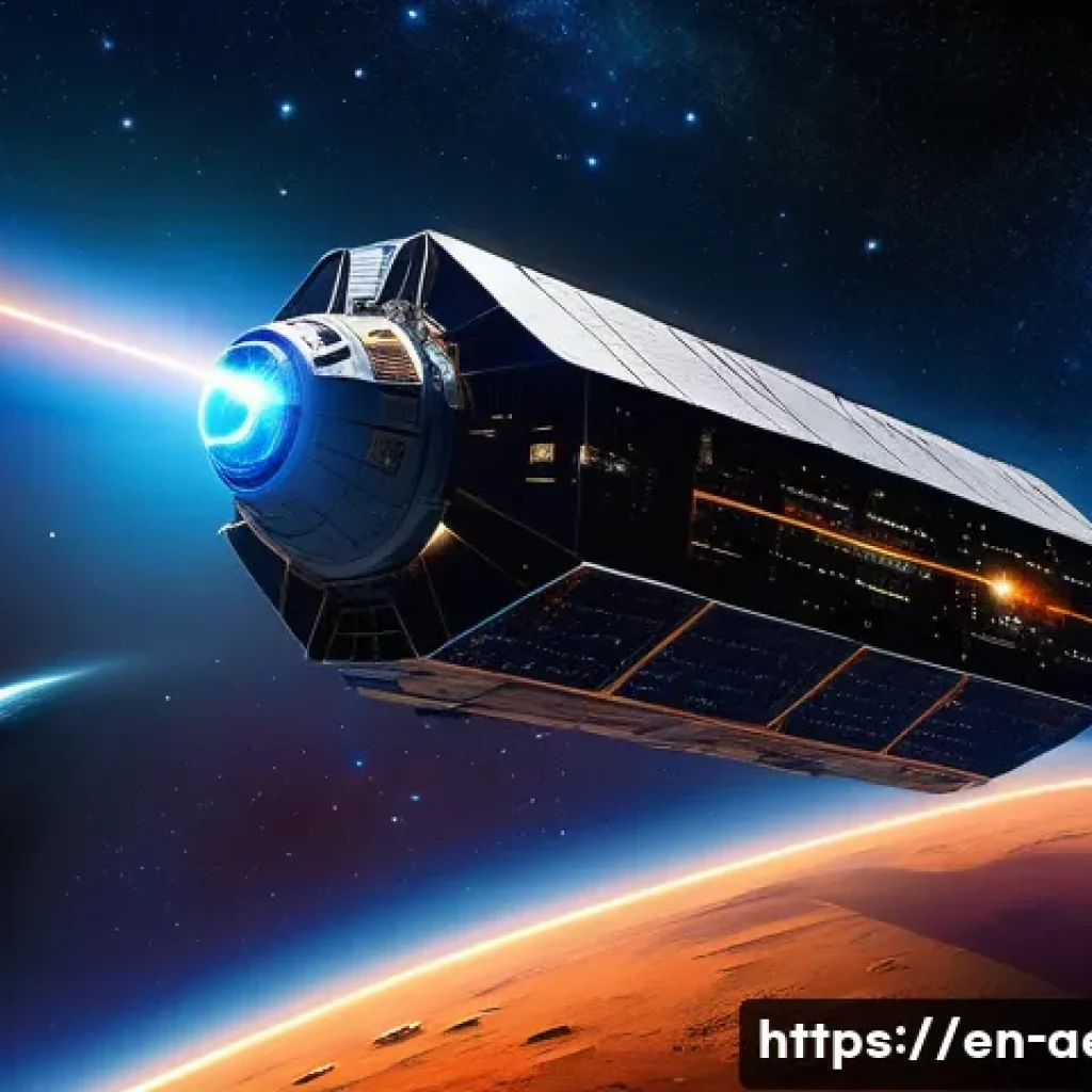 전기 추진 로켓 기술 - A futuristic spacecraft equipped with sleek, glowing ion thrusters emitting bright blue ion streams,...
