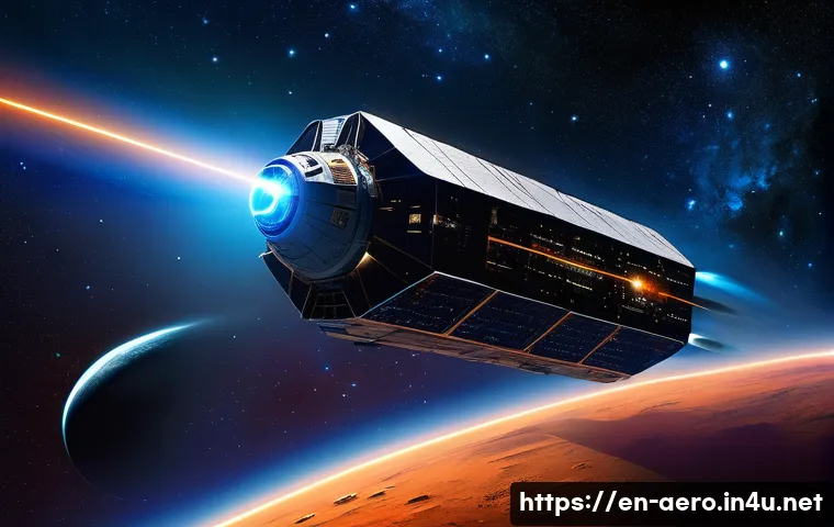 전기 추진 로켓 기술 - A futuristic spacecraft equipped with sleek, glowing ion thrusters emitting bright blue ion streams,...