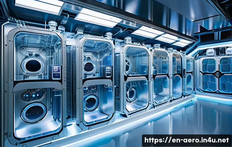 우주정거장 자급자족 시스템 - A high-tech space habitat interior showcasing advanced water recycling systems: multi-stage filtrati...
