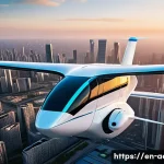 Home 18 항공우주 산업 동향 - A futuristic electric vertical takeoff and landing (eVTOL) aircraft flying smoothly over a modern ur...