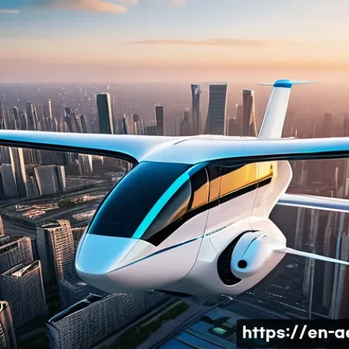 Home 30 항공우주 산업 동향 - A futuristic electric vertical takeoff and landing (eVTOL) aircraft flying smoothly over a modern ur...