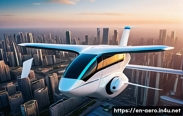 항공우주 산업 동향 - A futuristic electric vertical takeoff and landing (eVTOL) aircraft flying smoothly over a modern ur...