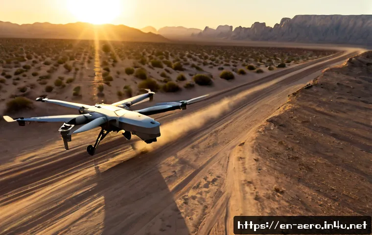 드론 군사작전 활용 - Photorealistic military reconnaissance drone flying above a rugged desert training range at sunrise,...